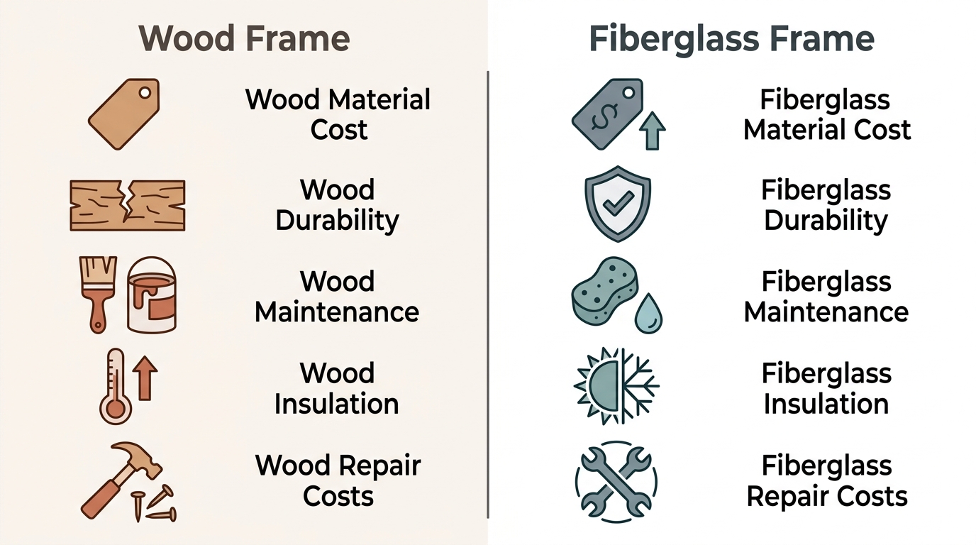 Side-by-side comparison infographic of wood and fiberglass window frames with icons and labels
