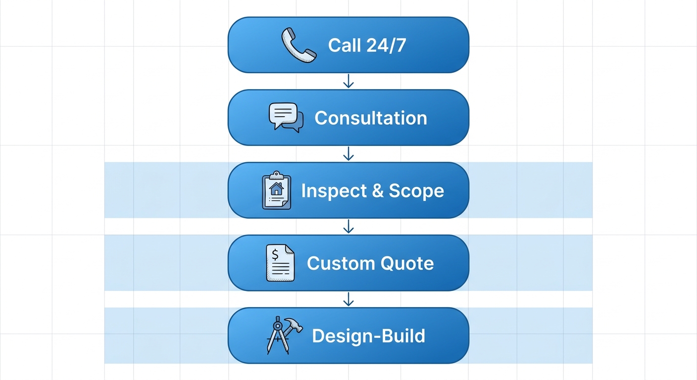 Vertical process flow showing five steps to start a natural wood kitchen remodel in Centennial, Colorado: Call 24/7, Consultation, Inspect & Scope, Custom Quote, and Design-Build.