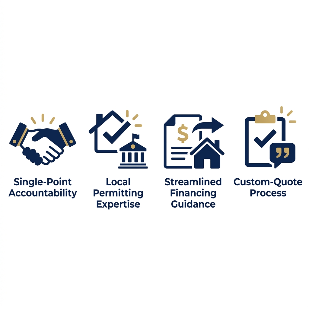 Navy and gold flat icon set on white showing four custom home financing benefits, each icon with a short label beneath it