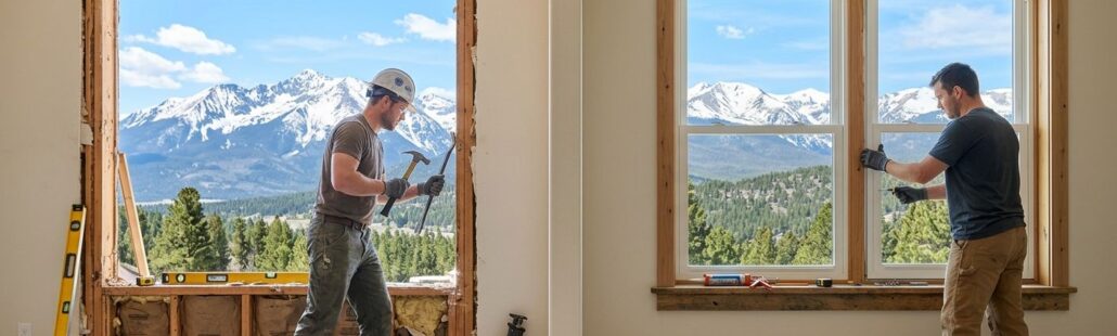 Professional window installation scene showing full-frame removal on left and pocket insert on right, with contractor tools and Rocky Mountain background.