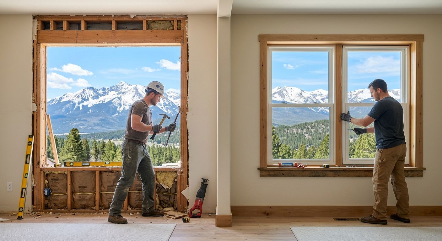 Professional window installation scene showing full-frame removal on left and pocket insert on right, with contractor tools and Rocky Mountain background.