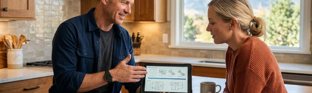 Design-build contractor and homeowner reviewing home addition plans in a sunny Denver kitchen with mountain view.