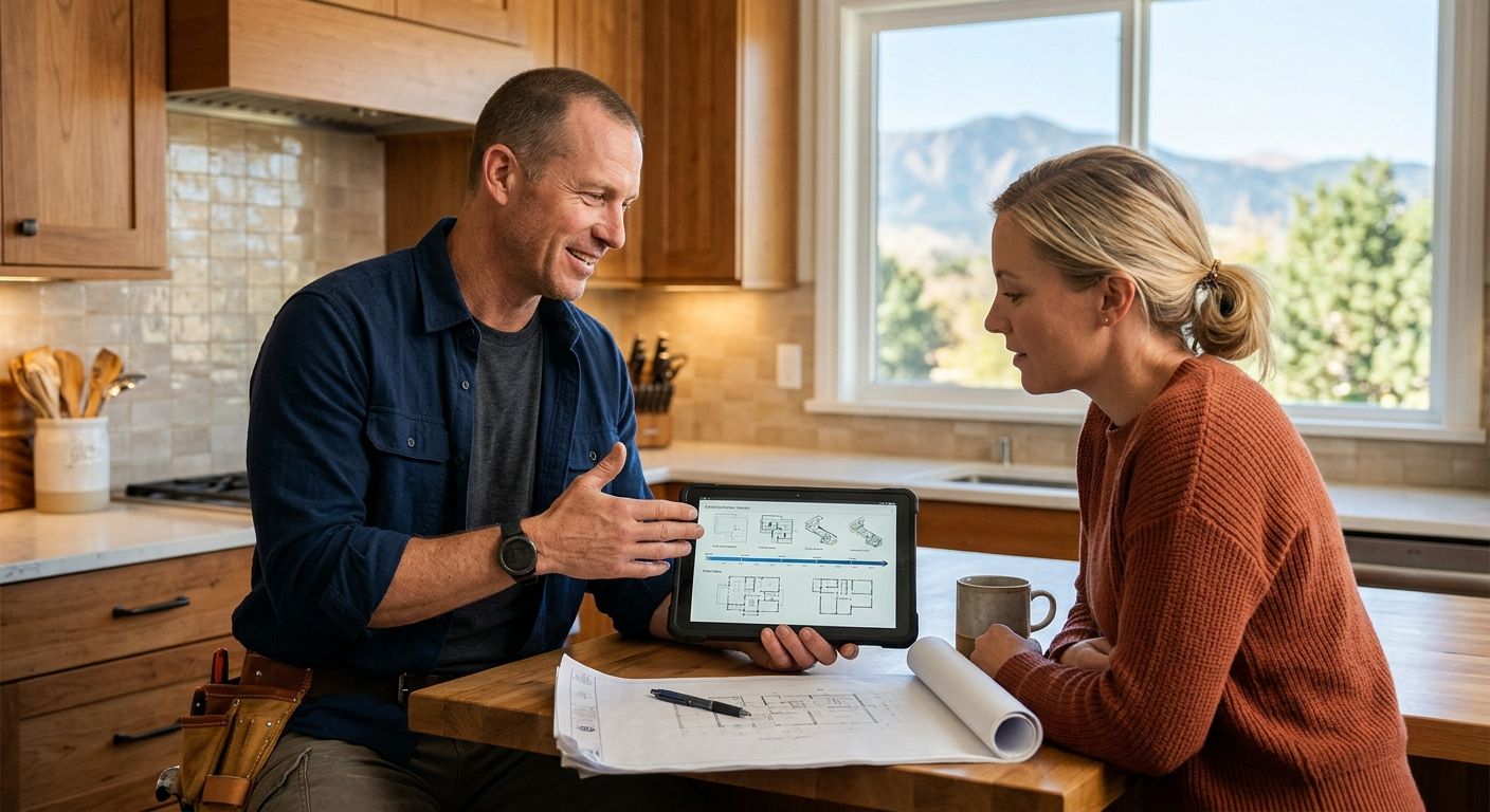 Design-build contractor and homeowner reviewing home addition plans in a sunny Denver kitchen with mountain view.