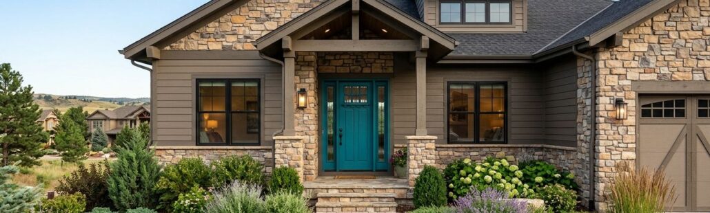 Home exterior in Parker, Colorado with stone veneer, siding, vibrant door, and landscaping under sunlight.
