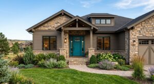 Home exterior in Parker, Colorado with stone veneer, siding, vibrant door, and landscaping under sunlight.