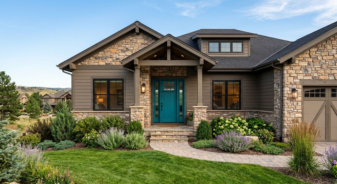 Home exterior in Parker, Colorado with stone veneer, siding, vibrant door, and landscaping under sunlight.