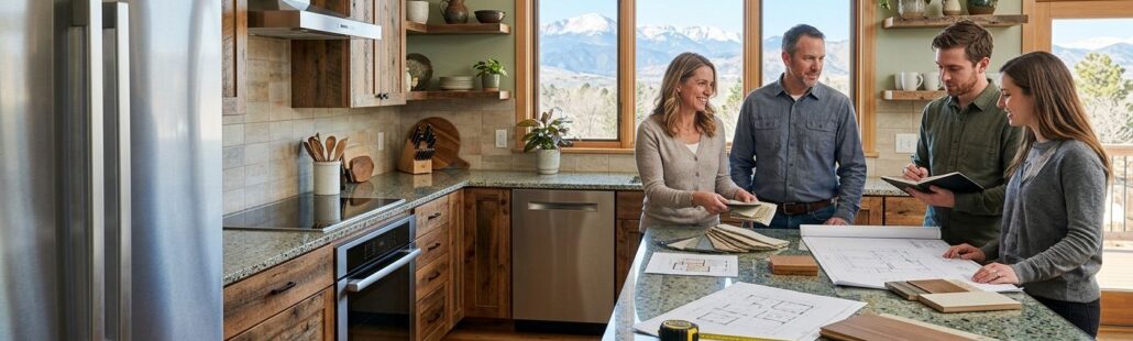 Design-build team consulting with homeowners in an eco-friendly kitchen with reclaimed wood and recycled glass surfaces in Centennial, Colorado.