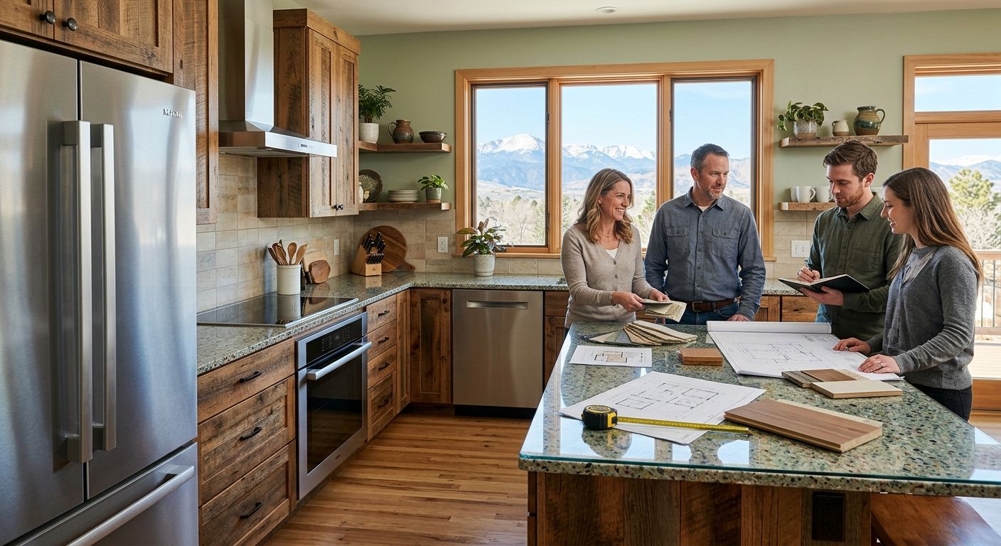 Design-build team consulting with homeowners in an eco-friendly kitchen with reclaimed wood and recycled glass surfaces in Centennial, Colorado.