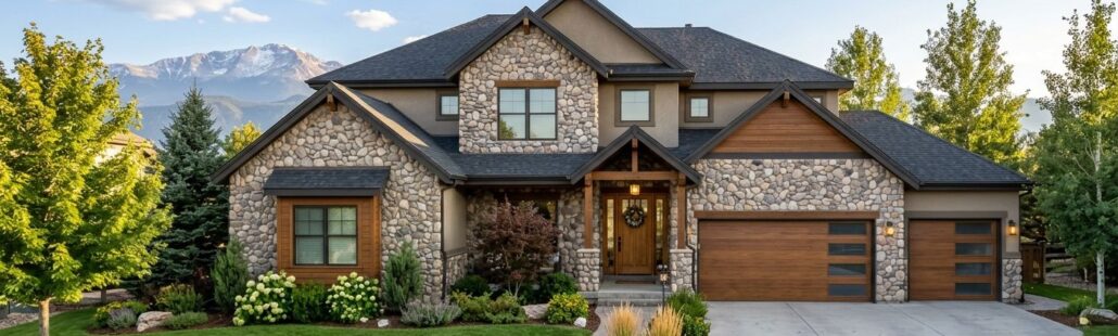 A beautiful Denver suburban home with stone veneer facade, energy-efficient windows, lush green lawn, and views of the Rocky Mountains in warm afternoon sunlight.