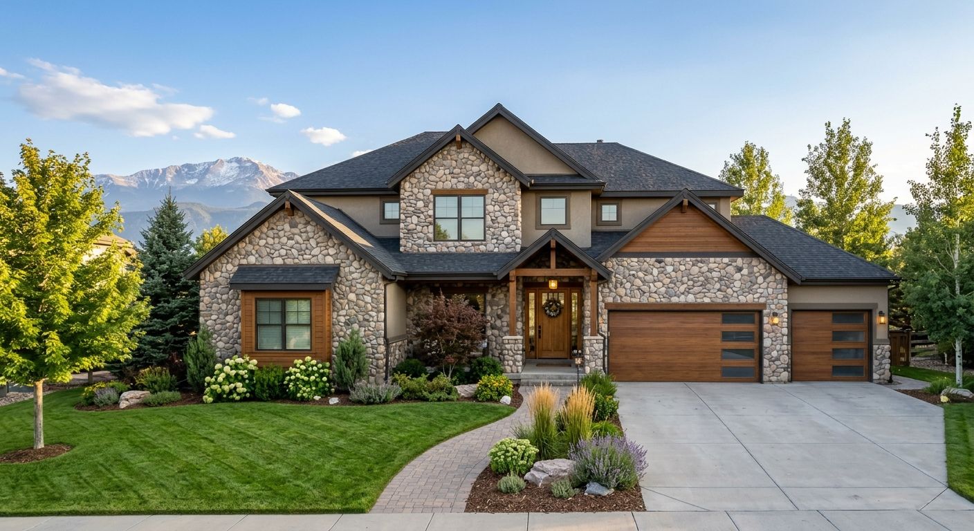 A beautiful Denver suburban home with stone veneer facade, energy-efficient windows, lush green lawn, and views of the Rocky Mountains in warm afternoon sunlight.
