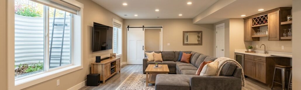 Bright, open-concept finished basement with high ceilings, recessed lighting, large egress window, and comfortable sectional seating