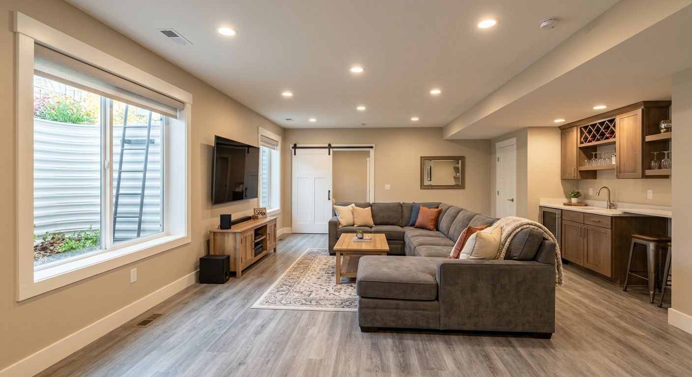 Bright, open-concept finished basement with high ceilings, recessed lighting, large egress window, and comfortable sectional seating