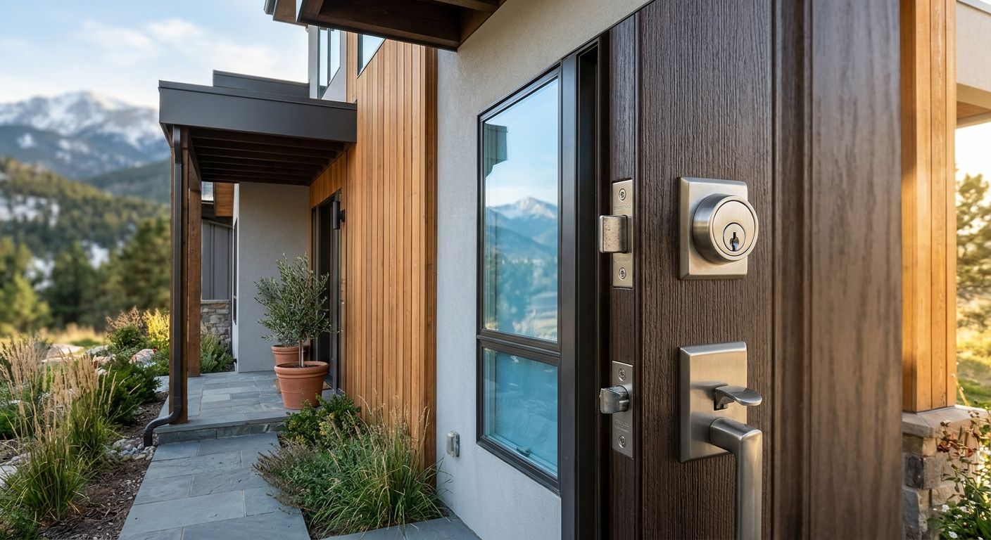 Modern Centennial home exterior with reinforced front door featuring high-security deadbolt and laminated glass window against blurred mountain backdrop
