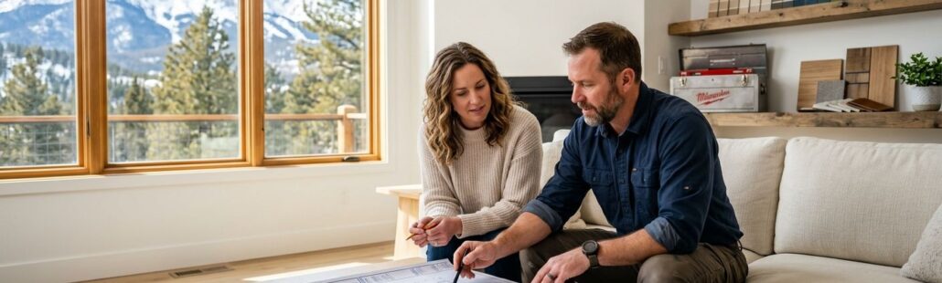 Licensed contractor and homeowner reviewing blueprints in a bright modern Colorado living room with mountain views