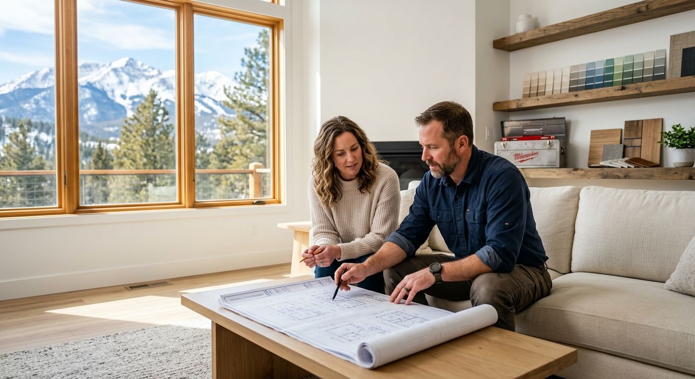 Licensed contractor and homeowner reviewing blueprints in a bright modern Colorado living room with mountain views