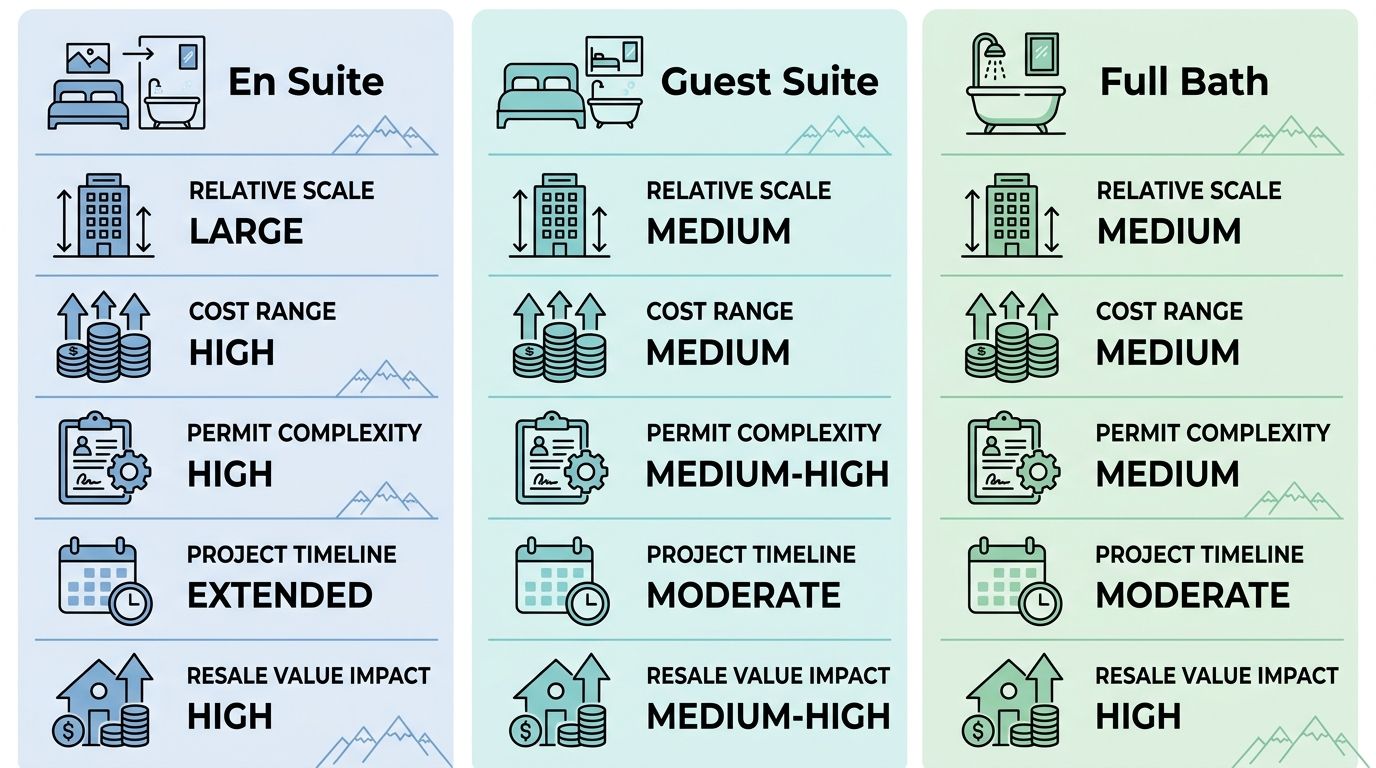 Three-column comparison infographic for Denver bathroom addition types: En Suite, Guest Suite, and Full Bath, with relative scales for square footage, cost, permit complexity, timeline, and resale value.