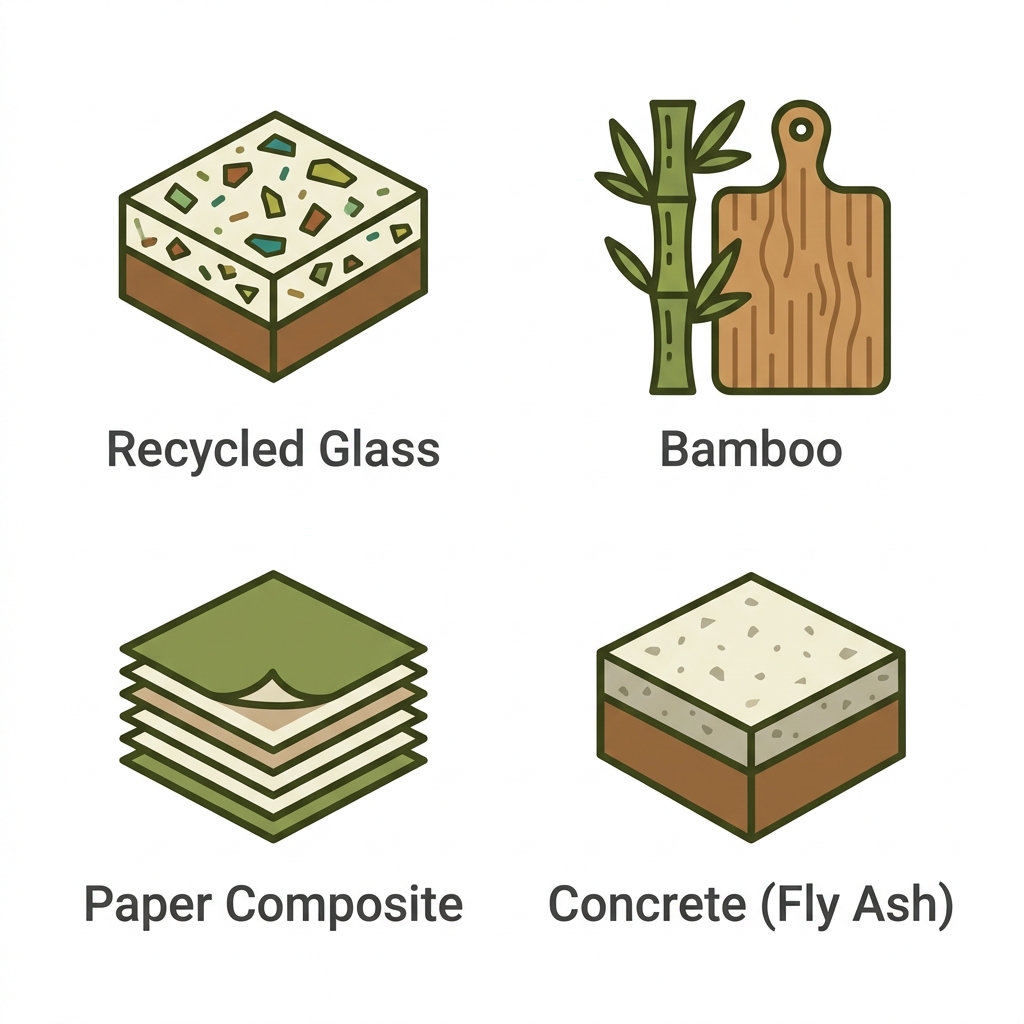 Flat icon set of four eco-friendly countertop materials for a Colorado kitchen: recycled glass, bamboo, paper composite, and concrete with fly ash