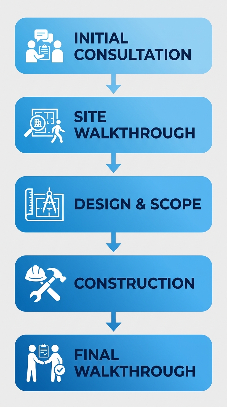 Vertical process flow diagram showing five stages of residential tenant improvement: Initial Consultation, Site Walkthrough, Design & Scope, Construction, and Final Walkthrough, connected by downward arrows