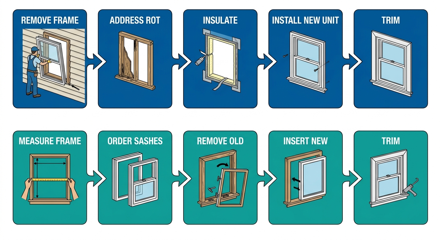 Process flow comparing full-frame and insert window installation timelines, each with five steps.