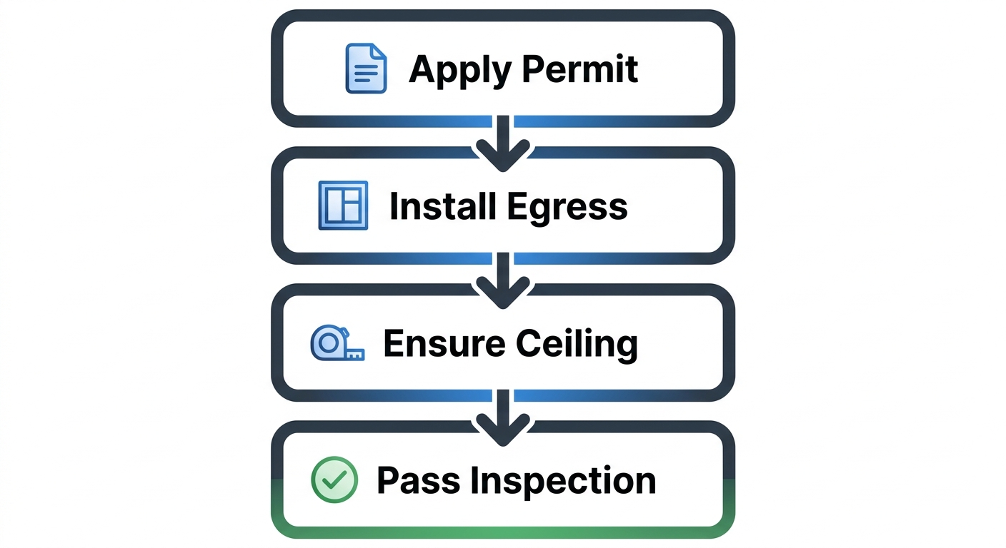 Process flow diagram showing four stages of basement finishing: Apply for Permit, Install Egress Windows, Ensure Ceiling Height, Pass Inspections with icons and arrows.