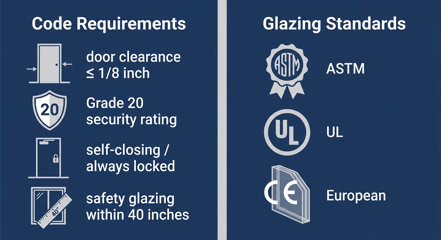 Two-column infographic comparing code requirements for security doors and glazing standards with icons and labels