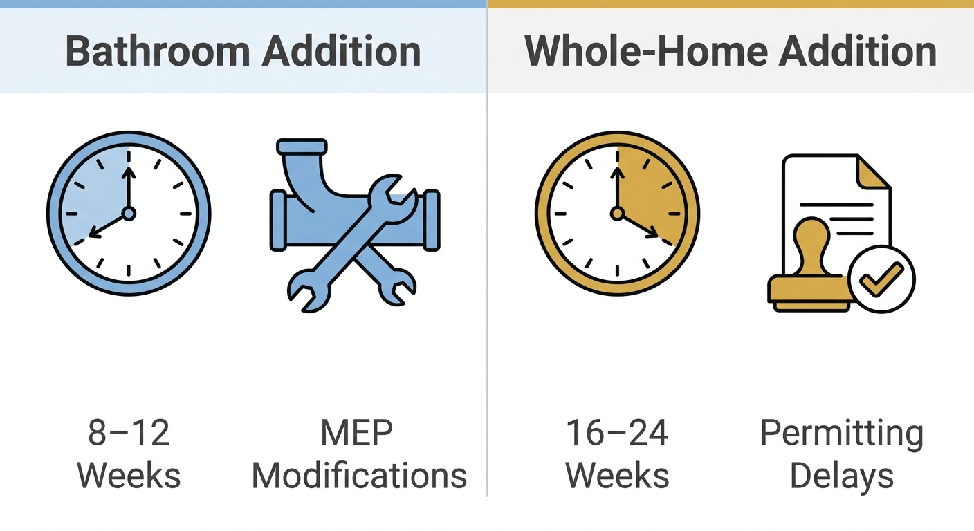 Infographic comparing timeline and considerations for bathroom addition versus whole-home addition, with two columns labeled Bathroom Addition and Whole-Home Addition, each featuring two icons and labels.