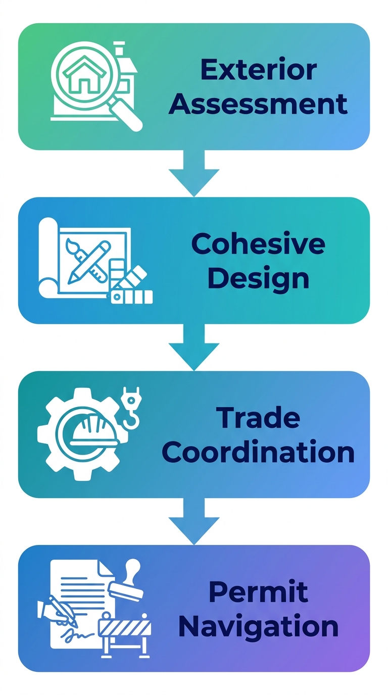 A vertical process flow diagram showing four steps for exterior improvement: Exterior Assessment, Cohesive Design, Trade Coordination, Permit Navigation.